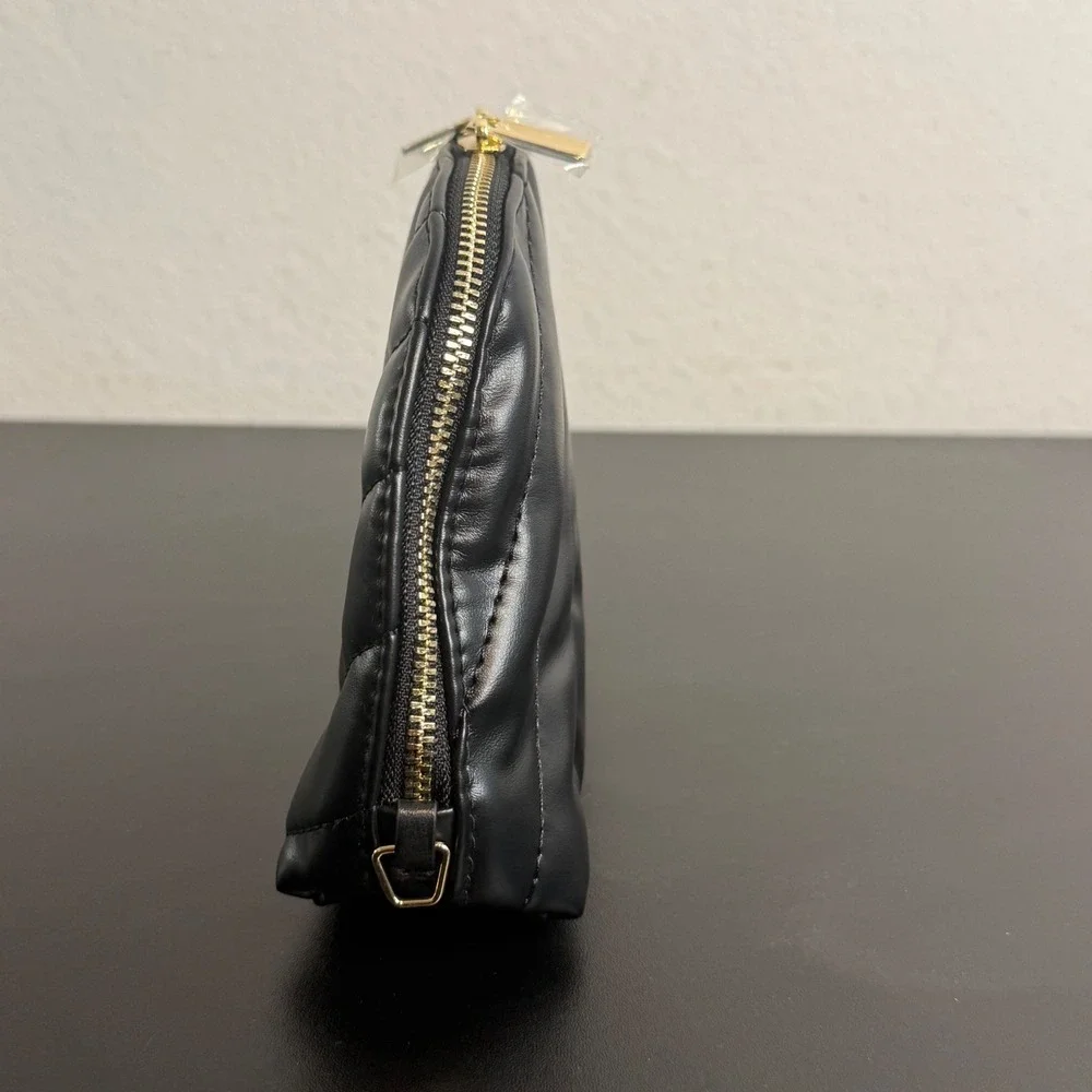 YSL Black Quilted Cosmetic Pouch Gold Logo Makeup Organizer Small Travel Bag NEW